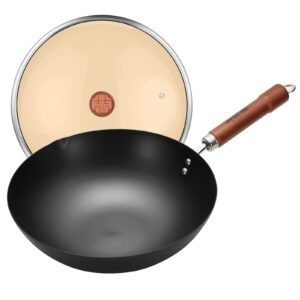 wangyuanji carbon steel wok pan, 12" woks and stir fry pans with lid,no chemical coated iron wok for induction, electric, gas, halogen all stoves-practical gift iron wok