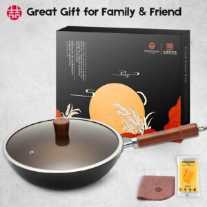 WANGYUANJI Carbon Steel Wok Pan, 12" Woks and Stir Fry Pans with Lid,No Chemical Coated Iron Wok for Induction, Electric, Gas, Halogen All Stoves-Practical Gift Iron Wok