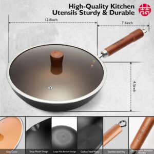 WANGYUANJI Carbon Steel Wok Pan, 12" Woks and Stir Fry Pans with Lid,No Chemical Coated Iron Wok for Induction, Electric, Gas, Halogen All Stoves-Practical Gift Iron Wok