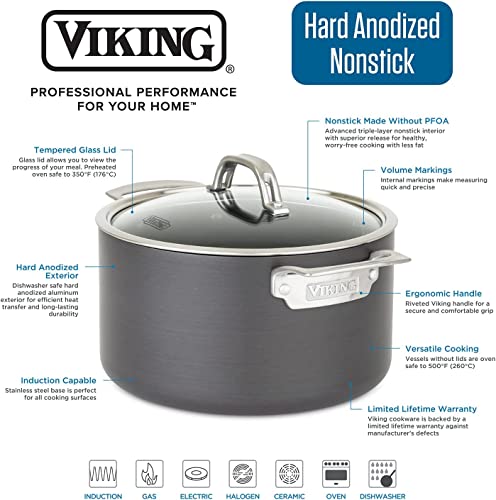 Viking Culinary Hard Anodized Nonstick Stock Pot, 8 Quart, Includes Glass Lid, Dishwasher, Oven Safe, Works on All Cooktops including Induction, Gray