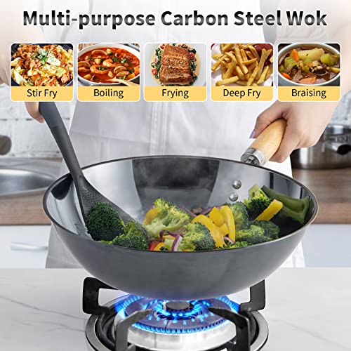 Wok Pan 12 inch, High Carbon Stainless Steel Stir Fry Pans for All Stoves, Iron Pot with Detachable Wooden Handle, Induction, Oven Safe Silver