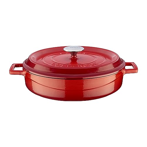 LAVA 3.7 Quart Enameled Cast Iron Braiser: Multipurpose Stylish Red Round Dutch Oven Pot with Enameled Black Interior and Trendy Lid