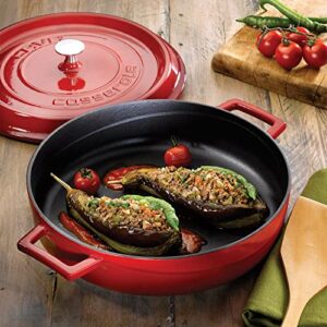 LAVA 3.7 Quart Enameled Cast Iron Braiser: Multipurpose Stylish Red Round Dutch Oven Pot with Enameled Black Interior and Trendy Lid