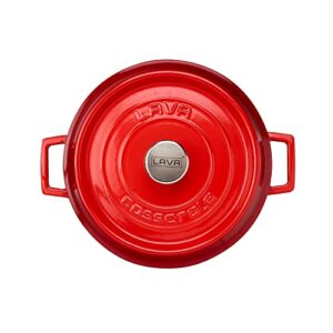 LAVA 3.7 Quart Enameled Cast Iron Braiser: Multipurpose Stylish Red Round Dutch Oven Pot with Enameled Black Interior and Trendy Lid