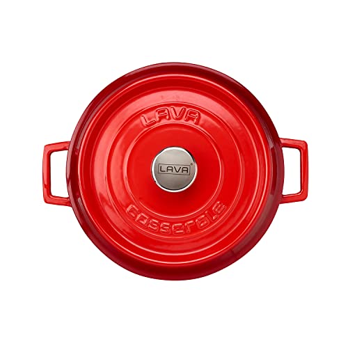 LAVA 3.7 Quart Enameled Cast Iron Braiser: Multipurpose Stylish Red Round Dutch Oven Pot with Enameled Black Interior and Trendy Lid