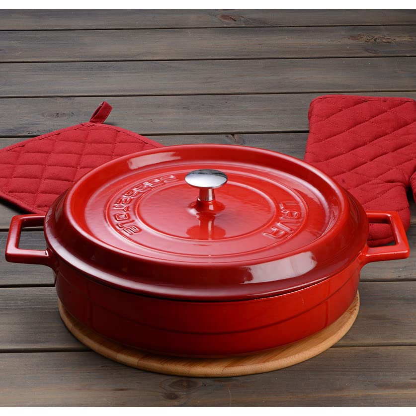 LAVA 3.7 Quart Enameled Cast Iron Braiser: Multipurpose Stylish Red Round Dutch Oven Pot with Enameled Black Interior and Trendy Lid