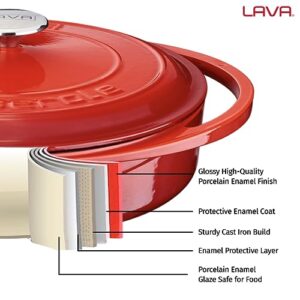 LAVA 3.7 Quart Enameled Cast Iron Braiser: Multipurpose Stylish Red Round Dutch Oven Pot with Enameled Black Interior and Trendy Lid