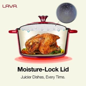 LAVA 3.7 Quart Enameled Cast Iron Braiser: Multipurpose Stylish Red Round Dutch Oven Pot with Enameled Black Interior and Trendy Lid