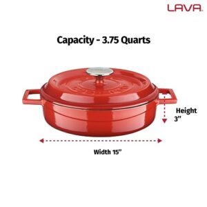 LAVA 3.7 Quart Enameled Cast Iron Braiser: Multipurpose Stylish Red Round Dutch Oven Pot with Enameled Black Interior and Trendy Lid