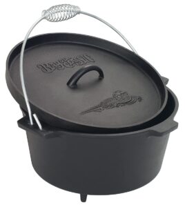 bayou classic pre-seasoned cast iron dutch oven w/ feet features flanged camp lid stainless coil wire handle grip, 8-qt perfect for baking frying one-pot meals stews and chili
