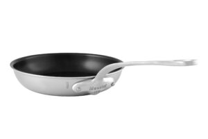 mauviel m'urban 3 tri-ply brushed stainless steel nonstick frying pan with cast stainless steel handles, 7.9-in made in france