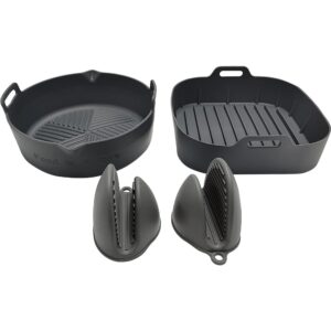air fryer silicone pots. set of 2 and silicone mittens included easy to clean reuseble bpa free one square pot and one round pot (grey)