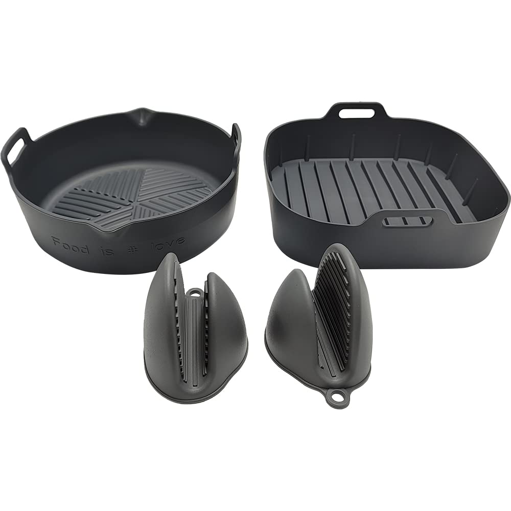 AIR FRYER SILICONE POTS. set of 2 and SILICONE MITTENS included EASY to clean reuseble BPA FREE one square pot and one round pot (GREY)