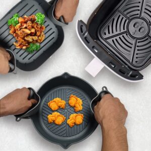 AIR FRYER SILICONE POTS. set of 2 and SILICONE MITTENS included EASY to clean reuseble BPA FREE one square pot and one round pot (GREY)