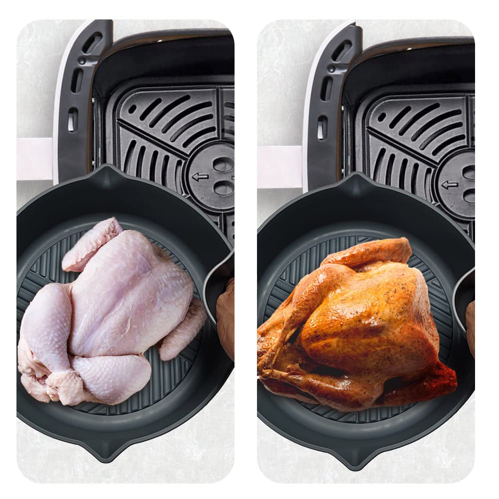 AIR FRYER SILICONE POTS. set of 2 and SILICONE MITTENS included EASY to clean reuseble BPA FREE one square pot and one round pot (GREY)