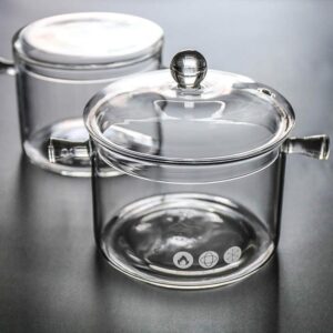 YARDWE Clear Glass Cooking Pot, Heat Resistant Stovetop Pot Borosilicate Glass Cooking Pot Glass Cooking Noodle Pot for Pasta Noodle, Soup, Milk (14X20. 5X16cm 1L)