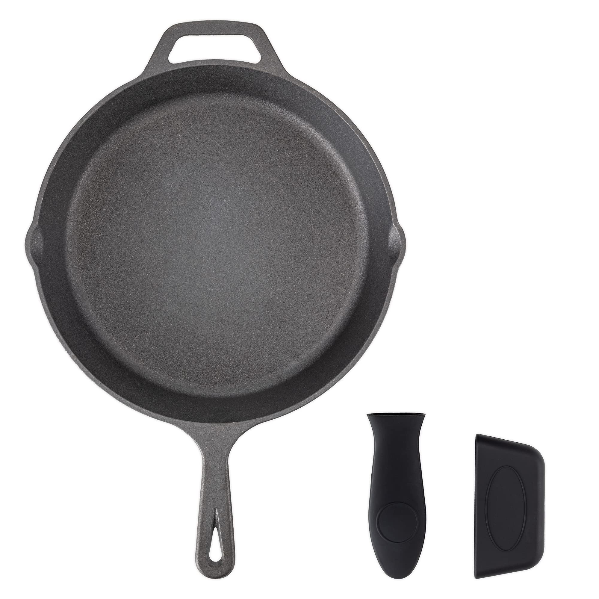 Navaris Cast Iron Skillet - 12 inch Cast Iron Pan - Seasoned Cookware for Frying, Cooking, Oven, Stove Top, Camping - Includes Silicone Handle Covers