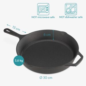 Navaris Cast Iron Skillet - 12 inch Cast Iron Pan - Seasoned Cookware for Frying, Cooking, Oven, Stove Top, Camping - Includes Silicone Handle Covers