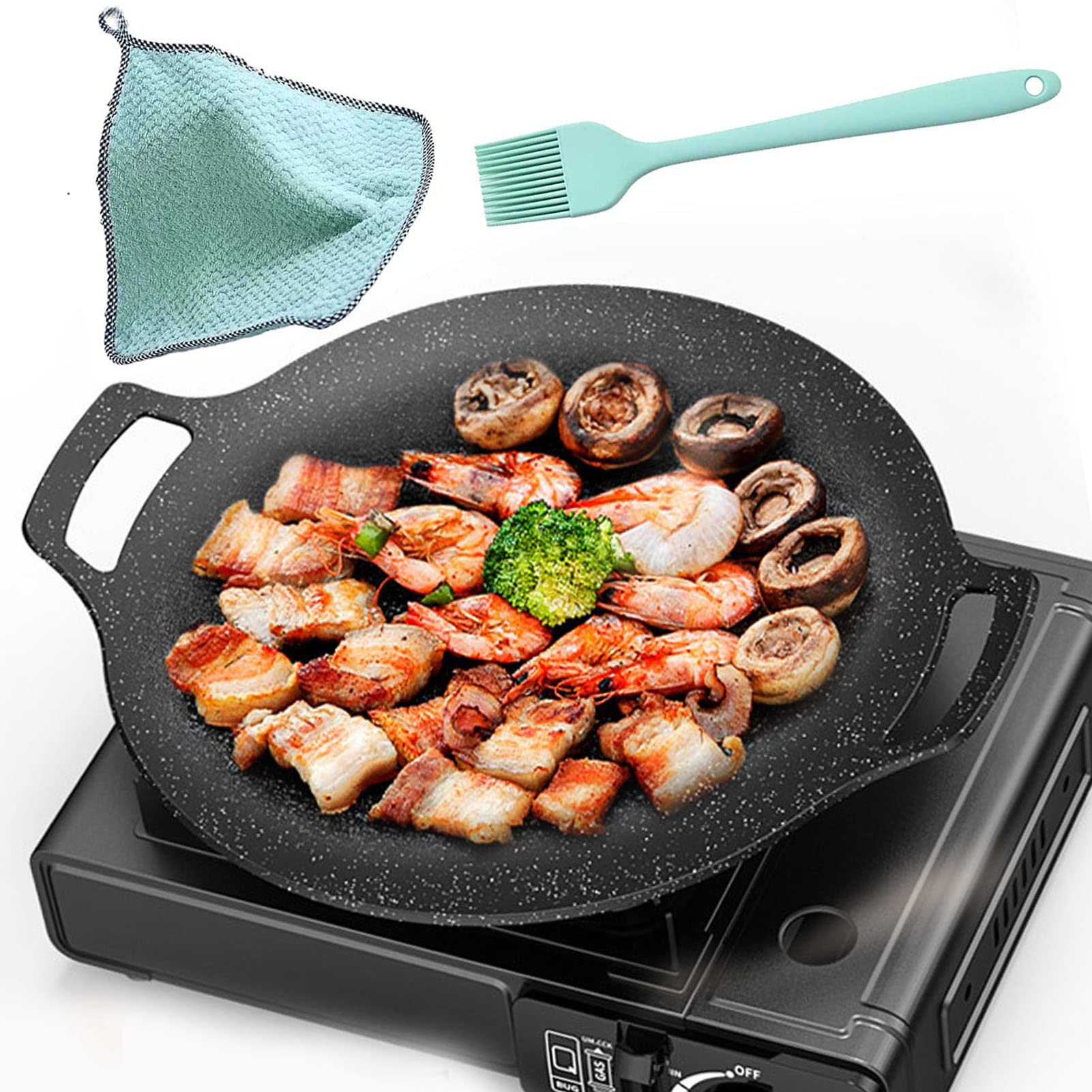 Rwoora Grill Pan,13 Inch Non-stick Baking Pan+Brush+dry Cloth,Barbecue Pot Outdoor Camping Grill Plate Fry Pan for Stove Tops &Induction Compatible (30cm/12inch)