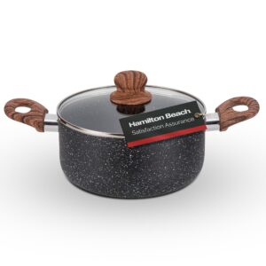 hamilton beach 3 quart nonstick marble coating even heating round dutch oven pot with glass lid and wooden like soft touch handle, dutch oven pot, braising, roasting