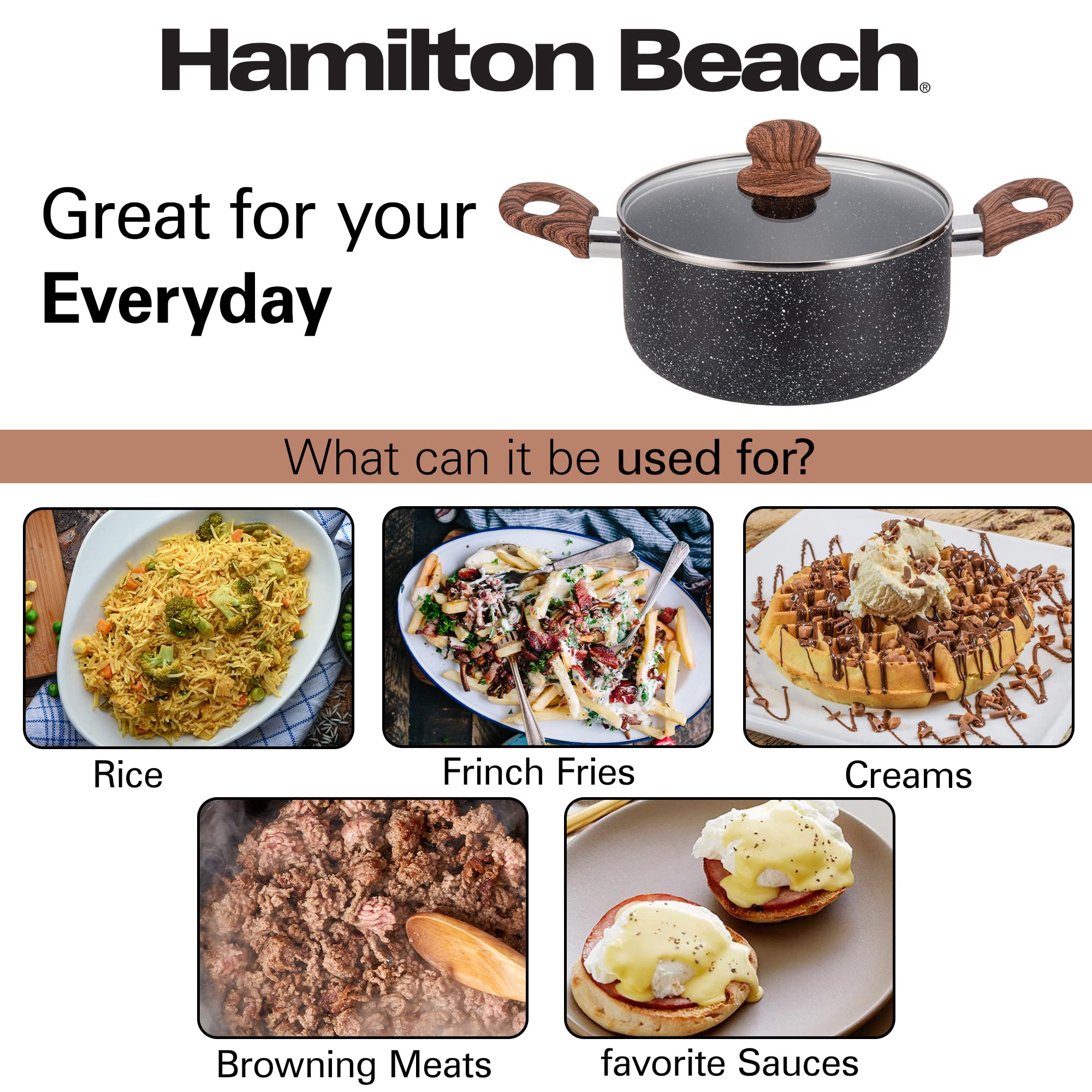 Hamilton Beach 3 Quart Nonstick Marble Coating Even Heating Round Dutch Oven Pot with Glass Lid and Wooden Like Soft Touch Handle, Dutch Oven Pot, Braising, Roasting