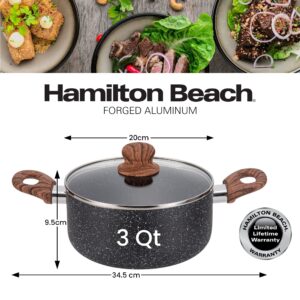Hamilton Beach 3 Quart Nonstick Marble Coating Even Heating Round Dutch Oven Pot with Glass Lid and Wooden Like Soft Touch Handle, Dutch Oven Pot, Braising, Roasting
