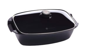 swiss diamond roasting pan with lid - hd nonstick diamond coated aluminum roaster includes lid dishwasher & oven safe roaster - large turkey, ham, chicken roaster pan - 8.3"x13" (5.3 qt)- grey