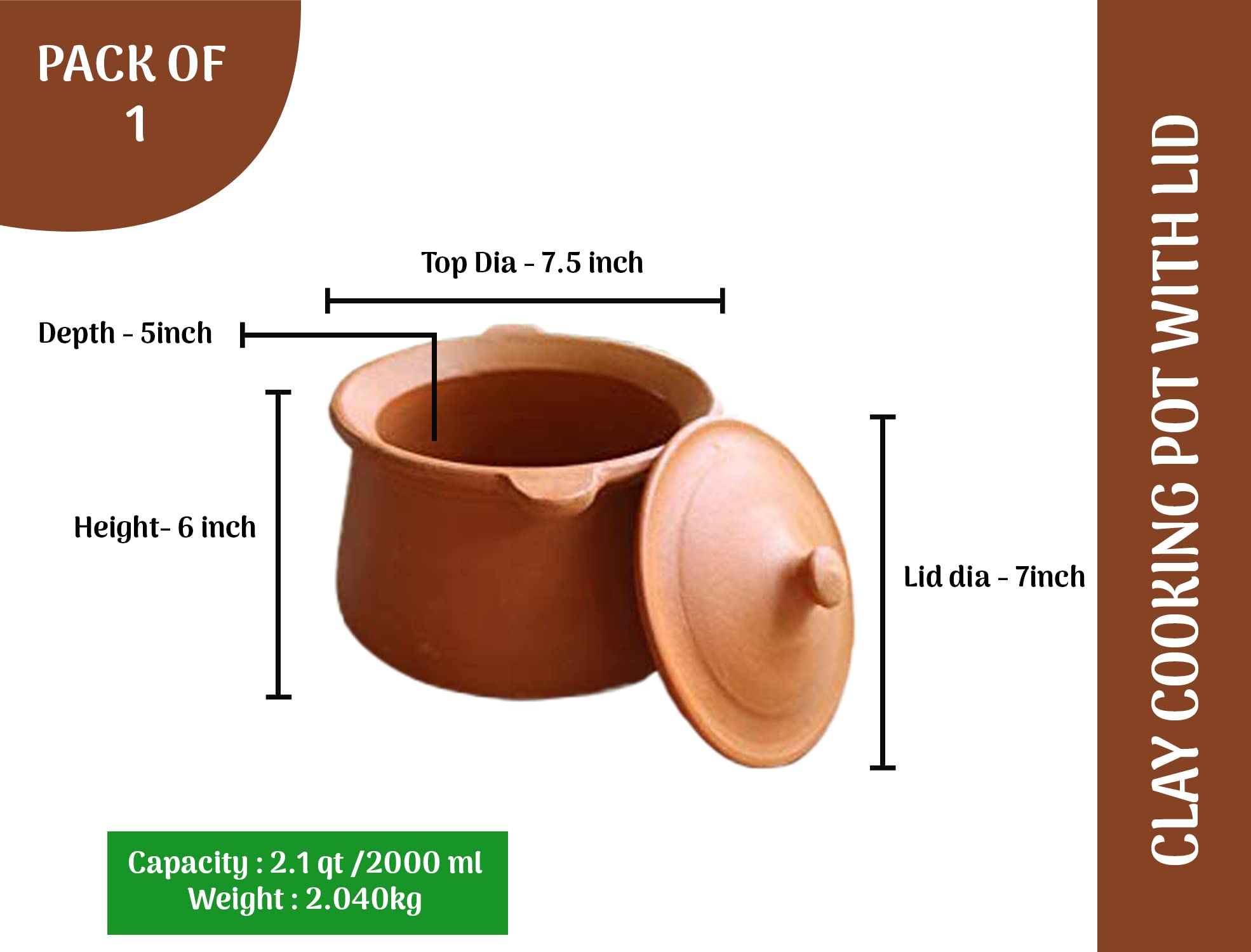 Village Decor Earthen clay cooking pot with lid (Porridge pot-2.1qt)