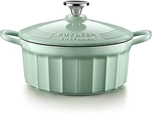 BUYDEEM CP521 Enameled Cast Iron Dutch Oven, Stylish Cupcake Design with 18/8 Stainless Steel Knob & Loop Handles, Perfect for Stewing, Roasting, Baking, 3 Quart (Cozy Greenish)