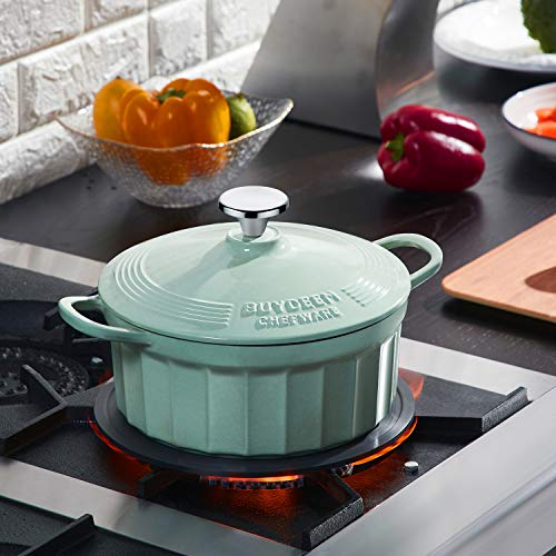 BUYDEEM CP521 Enameled Cast Iron Dutch Oven, Stylish Cupcake Design with 18/8 Stainless Steel Knob & Loop Handles, Perfect for Stewing, Roasting, Baking, 3 Quart (Cozy Greenish)