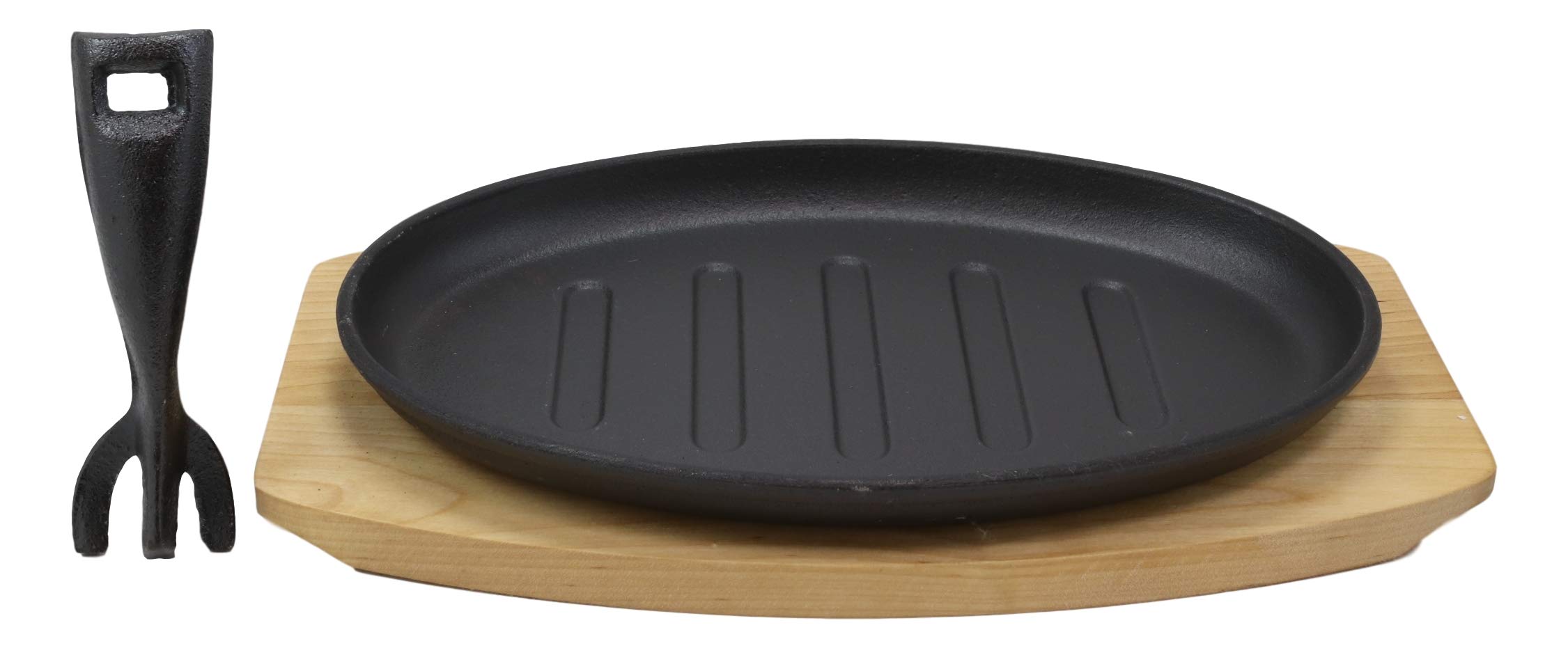 Ebros Personal Size 10.5" By 7" Enamel Coated Cast Iron Sizzling Fajita Skillet Ridged Japanese Steak Plate With Handle and Wood Base For Restaurant Home Kitchen Cooking Pan Grilling Meats Seafood