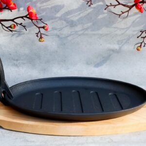 Ebros Personal Size 10.5" By 7" Enamel Coated Cast Iron Sizzling Fajita Skillet Ridged Japanese Steak Plate With Handle and Wood Base For Restaurant Home Kitchen Cooking Pan Grilling Meats Seafood