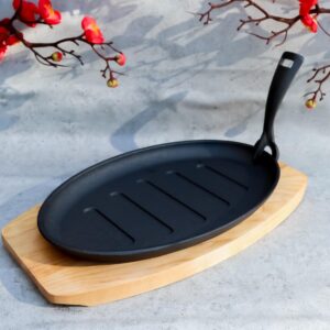 Ebros Personal Size 10.5" By 7" Enamel Coated Cast Iron Sizzling Fajita Skillet Ridged Japanese Steak Plate With Handle and Wood Base For Restaurant Home Kitchen Cooking Pan Grilling Meats Seafood