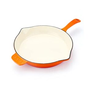lava light-colored sand enameled cast iron skillet with side drip spouts - 12 inch round frying pan with glossy sand-colored three layers of enamel coated interior (orange)