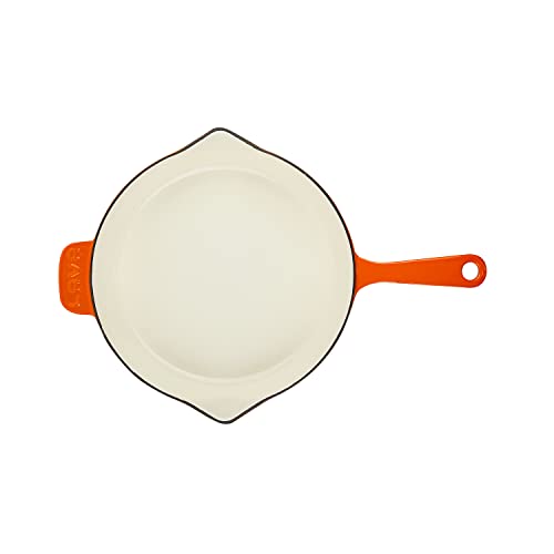 Lava Light-Colored Sand Enameled Cast Iron Skillet with Side Drip Spouts - 12 inch Round Frying Pan with Glossy Sand-Colored Three Layers of Enamel Coated Interior (Orange)