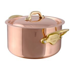 mauviel m'150 b 1.5mm polished copper & stainless steel stewpan with lid, and brass handles, 0.9-qt, made in france