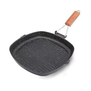 aroplor steak non-stick frying pan with folding handle pot 11-inch square griddle pans steak bacon baking tool easy to clean wooden handle