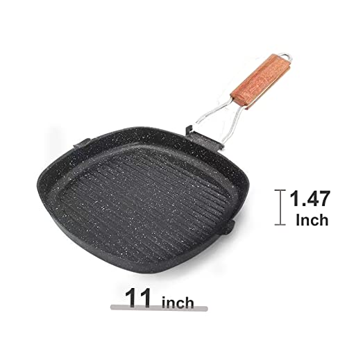 Aroplor Steak Non-Stick Frying Pan With Folding Handle Pot 11-inch Square Griddle Pans Steak Bacon Baking Tool Easy To Clean Wooden Handle