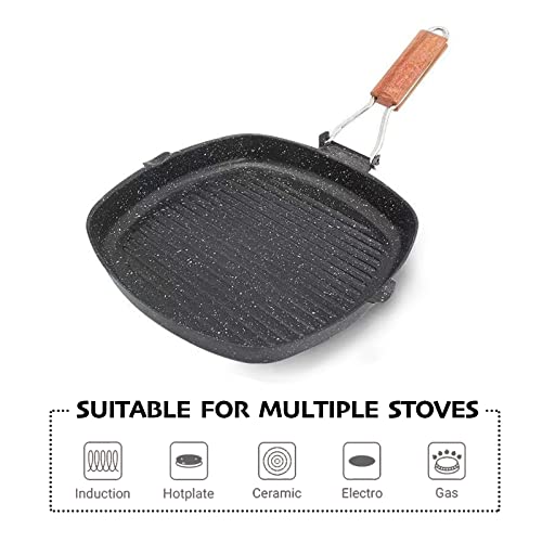 Aroplor Steak Non-Stick Frying Pan With Folding Handle Pot 11-inch Square Griddle Pans Steak Bacon Baking Tool Easy To Clean Wooden Handle