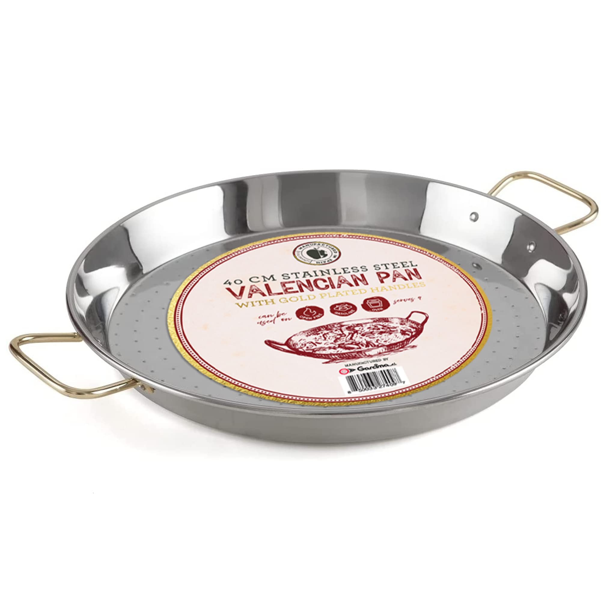 Gourmanity 16 inch Stainless Steel Flat Paella Pan, 40cm Large Stainless Steel Frying Pan Imported from Spain, Dishwasher and Oven Safe, Paellera with Gold Plated Handles, 9 Servings, Made by Garcima