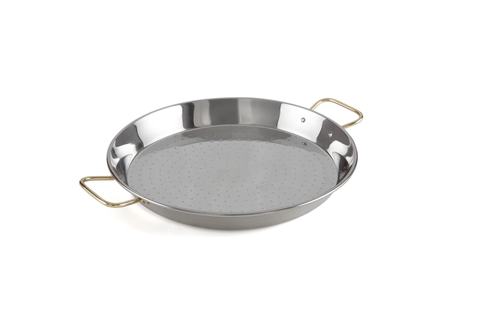 Gourmanity 16 inch Stainless Steel Flat Paella Pan, 40cm Large Stainless Steel Frying Pan Imported from Spain, Dishwasher and Oven Safe, Paellera with Gold Plated Handles, 9 Servings, Made by Garcima