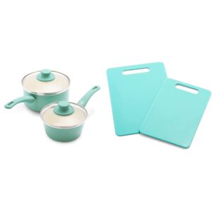 greenlife soft grip healthy ceramic nonstick, 1qt and 2qt saucepan pot set with lids, pfas-free & 2 piece cutting board kitchen set, dishwasher safe, extra durable, turquoise