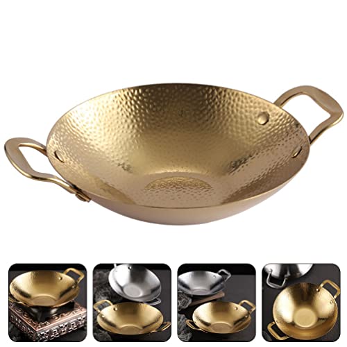 BESTonZON Stainless Steel Pan Wok Pan Stainless Steel Stir Fry Pan Flat Bottom Chinese Wok Scratch Proof Cooking Skillet Pot Cookware with 2 Handles For Gas Induction Gold 8in Stock Pot