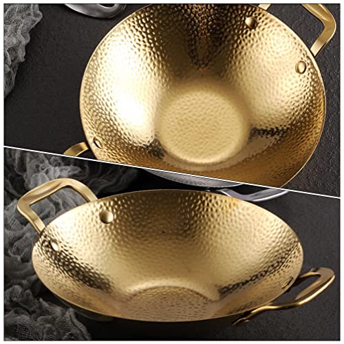 BESTonZON Stainless Steel Pan Wok Pan Stainless Steel Stir Fry Pan Flat Bottom Chinese Wok Scratch Proof Cooking Skillet Pot Cookware with 2 Handles For Gas Induction Gold 8in Stock Pot