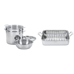 cuisinart 77-412p1 piece 12-quart chef's-classic-stainless-cookware-collection, pasta/steamer set (4-pc.) & 7117-16ur chef's classic 16-inch rectangular roaster with rack, stainless steel