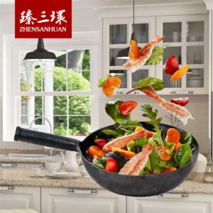 臻三环 ZhenSanHuan Chinese HandHammered Iron Woks and Stir Fry Pans, Non-stick, No Coating, Induction Suitable, 章丘铁锅，舌尖上的中国，A bite of China (28CM)