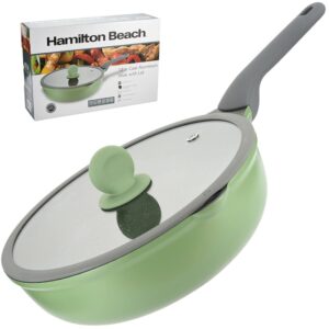 hamilton beach 5.5 quart dutch oven green with marble nonstick coating,die-cast aluminum dutch oven pot induction bottom, gray soft touch handle, glass lid with silicone rim for cooking