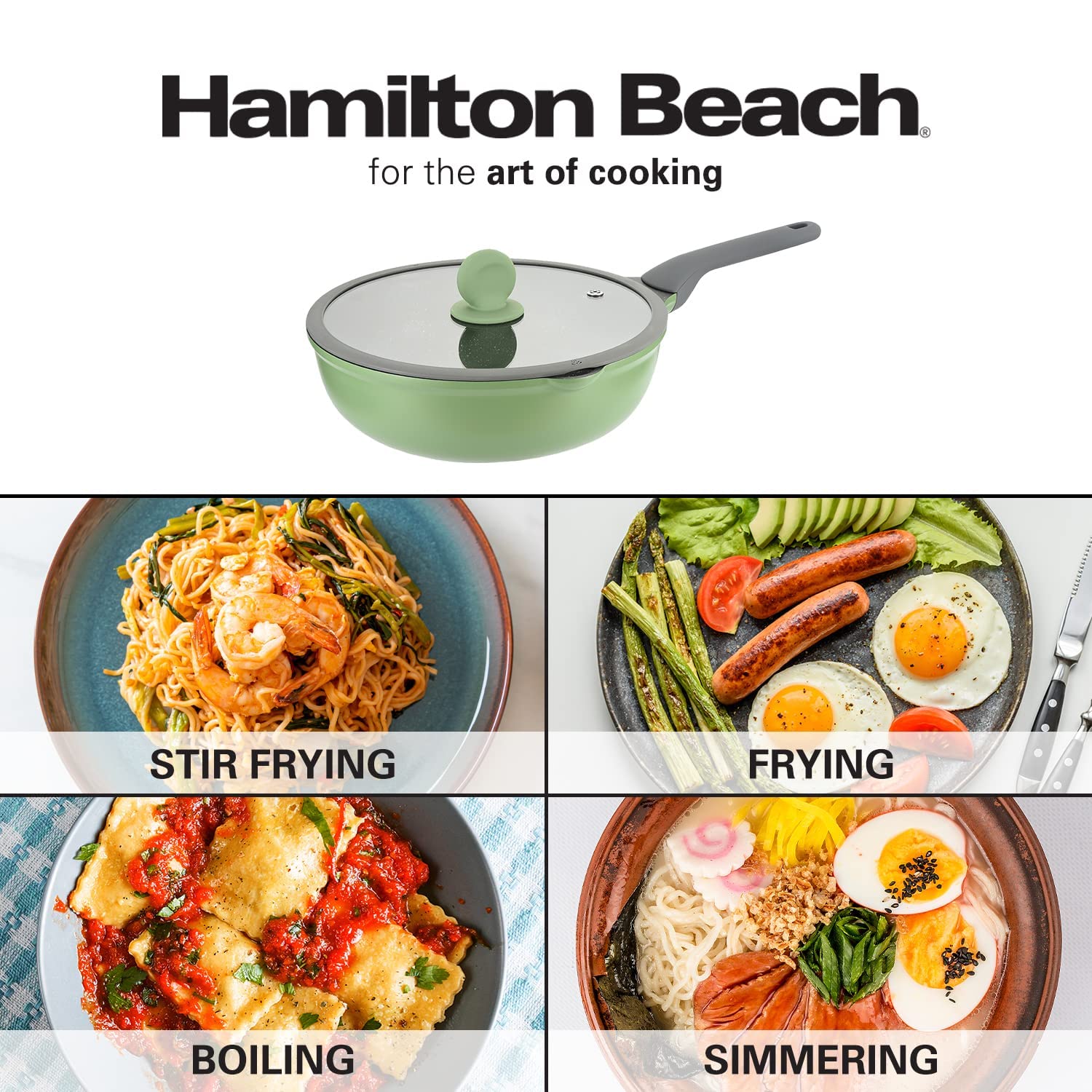 Hamilton Beach 5.5 Quart Dutch Oven Green with Marble Nonstick Coating,Die-Cast Aluminum Dutch Oven Pot Induction bottom, Gray Soft Touch Handle, Glass Lid with Silicone Rim for Cooking