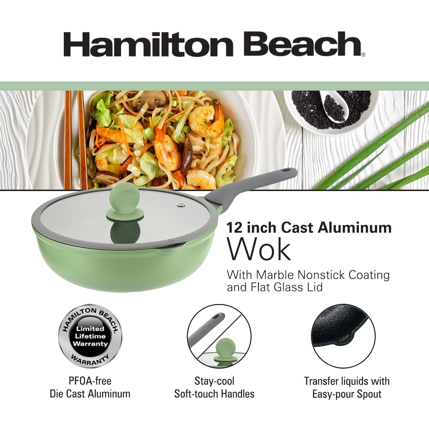 Hamilton Beach 5.5 Quart Dutch Oven Green with Marble Nonstick Coating,Die-Cast Aluminum Dutch Oven Pot Induction bottom, Gray Soft Touch Handle, Glass Lid with Silicone Rim for Cooking