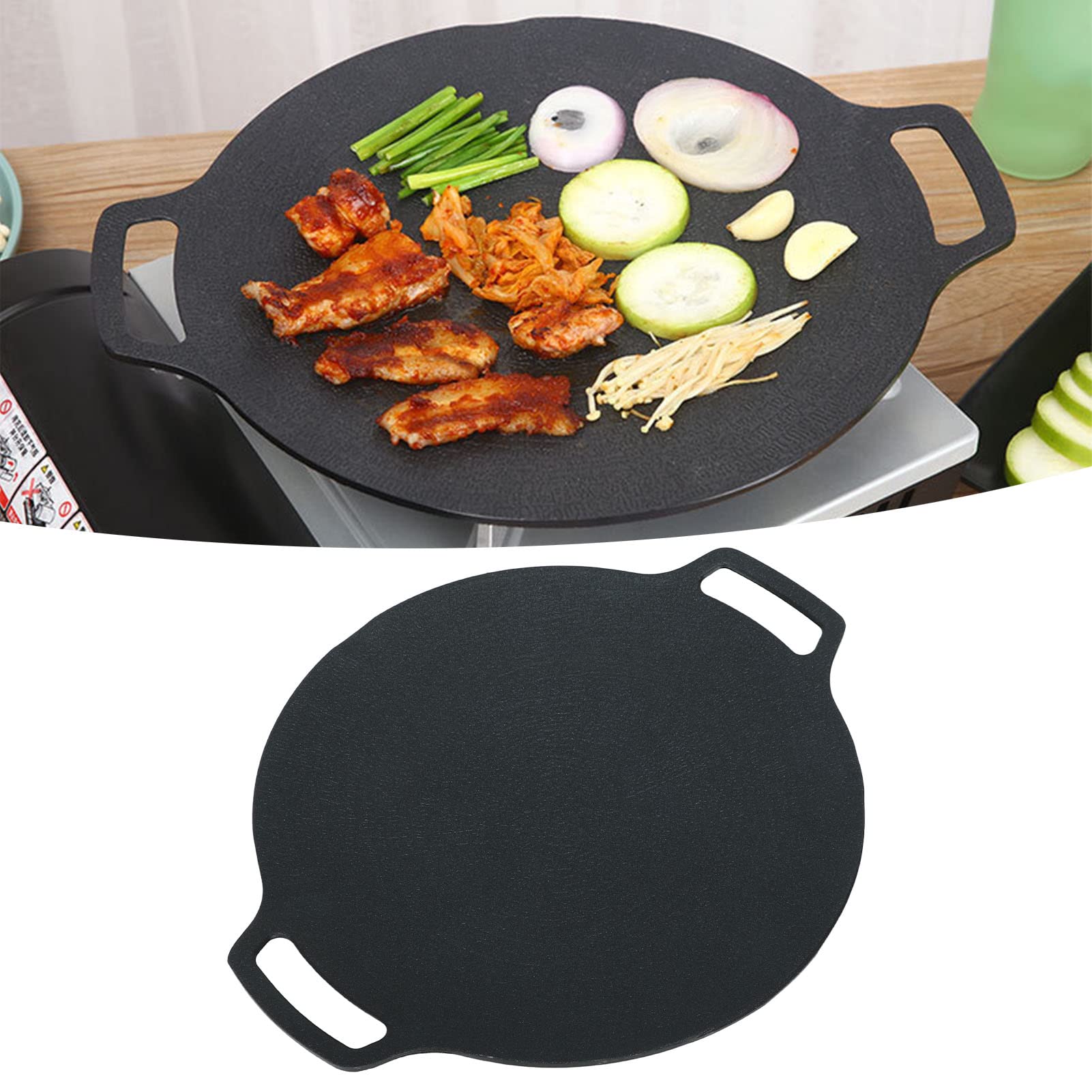 SPYMINNPOO Non Stick Grill Pan, Korean BBQ Grill Pan with Double Handle 6 Layer Coating Multifunctional Round Griddle for Gas Cooker (33cm/13.0in)